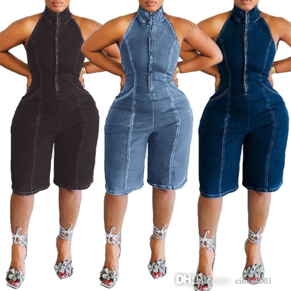 Women Jumpsuits Designer New Hanging Neck Backless Rompers Zippered Backless Elastic Jumpsuit 3 Colours-image-574994776