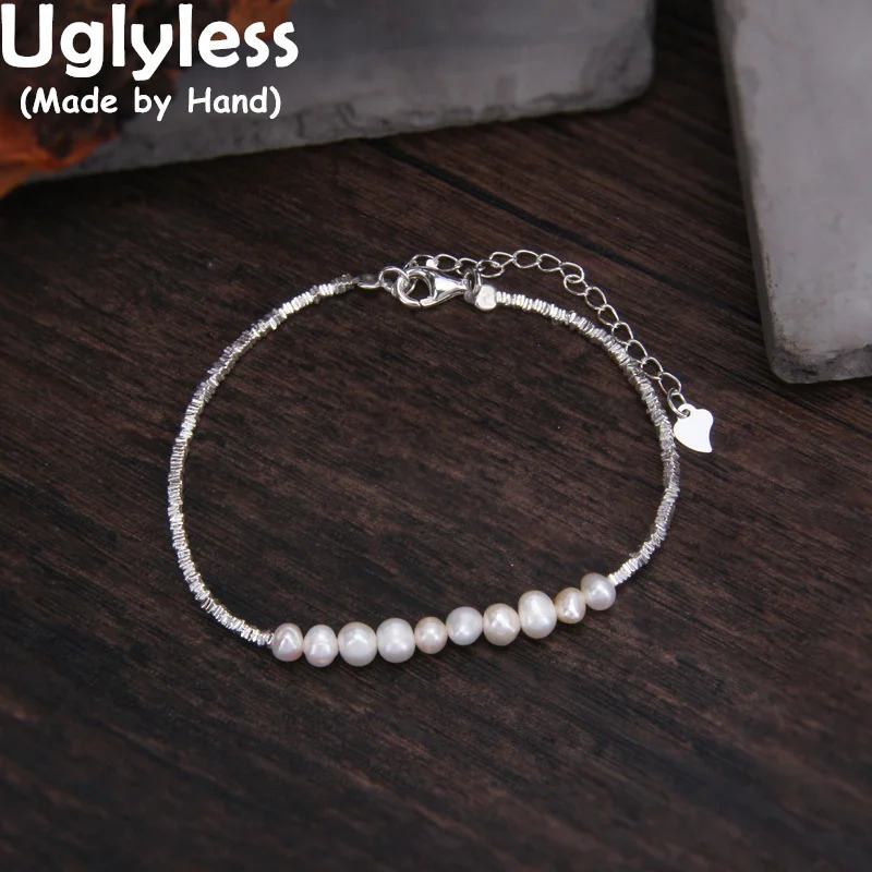 Uglyless MINI Natural Freshwater Pearls Bracelets Women 2MM Silver Bits Beaded Bracelet 925 Silver Summer Fashion Thin Bangles 240702