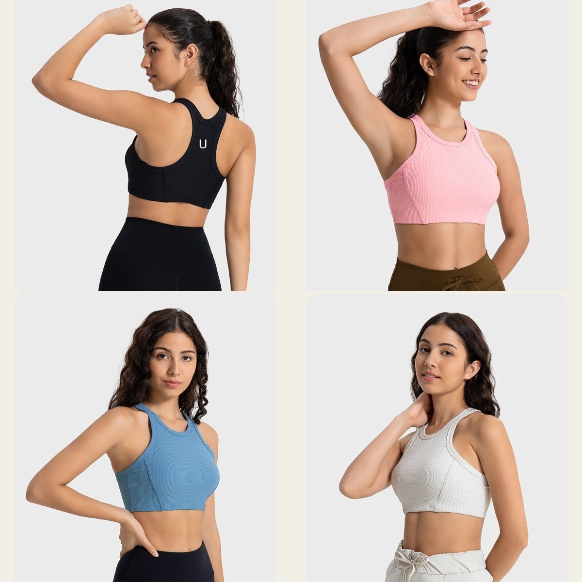 UU-1573 Women Exercise Athletic Training Striped Ribbed Yoga Bra High Neck Tank Top Designer Sports Bras Crewneck Women Tops-image-911033453