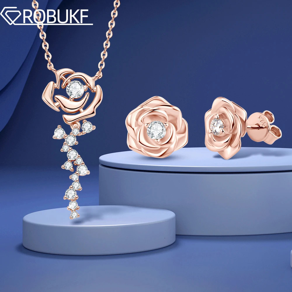 Rose Gold Jewelry Set For Women 100% 925 Sterling Silver Rose Pendant Necklaces Earrings Jewelry with GRA Certificate 240701