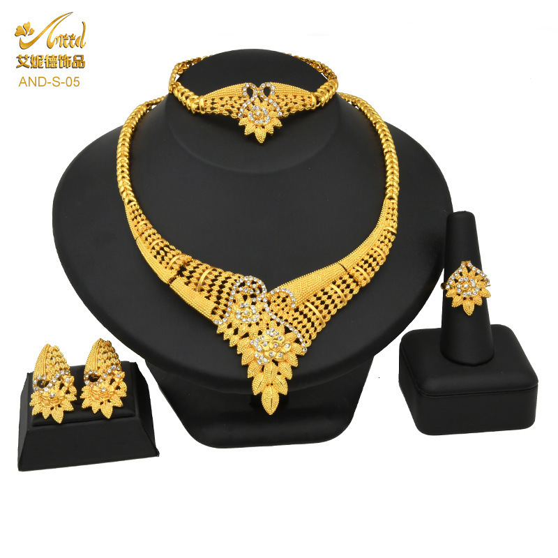 Ethiopie 24K Bijoux en or ensembles de bijoux pour femmes bijoux africain Mariage Bridal Gifts Bridal Party Bracelet Collier Boucles Ring Set 201