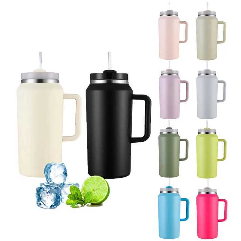 Thermoses 64oz Stainless Steel Handle Cup With Straw Large Capacity Double Layer Insulation Thermos Cup Portable Travel Water Cup TumblerL L26052-image-1000876399