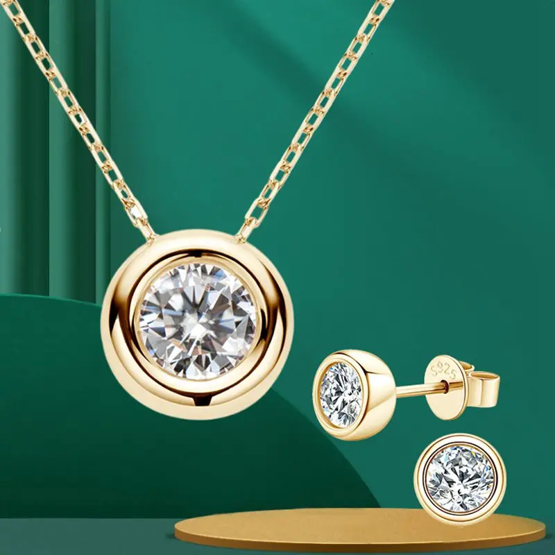 Lnngy D Color Bezel Stud Earrings 925 Sterling Silver Pendant Necklace Earring Jewelry Set For Ladies Wedding Gift 240701