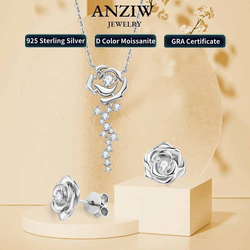 Anziw 100% 925 Sterling Silver Rose Flower Jewelry Set D Color Round Cut Earrings Pendant Necklace for Women Gifts 240701