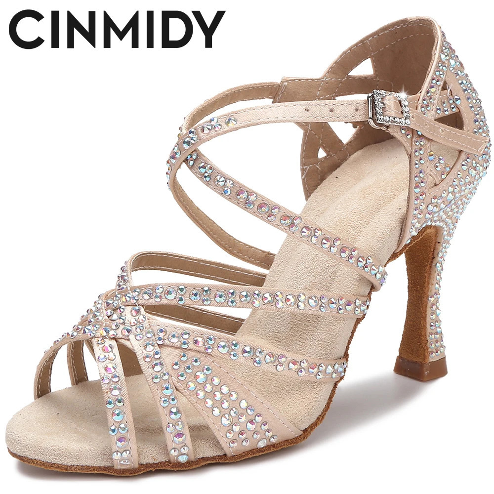 Cinmidy Womens Latin Dance Chaussures Rignestone Soft Sole Salsa Dance Chaussures Convient à la danse des femmes Sandales Femmes High Talons de m