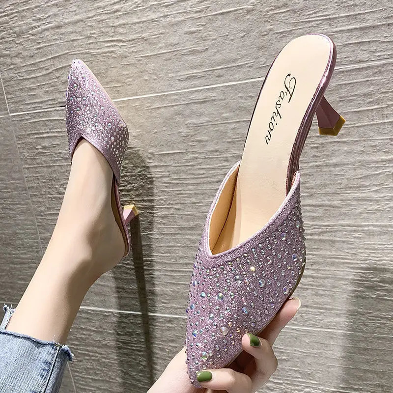 High Heel Sexy Jewelry Slide Mule Crystal Womens Slide and Sandals Rhenstone Indoor Shoes Summer Y Fashion Elegance 240710