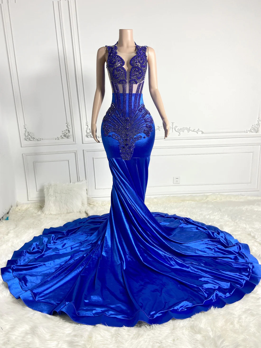 Royal Blue Femmes Femmes longues Robes de bal pour filles noires Sirène de luxe Diamant Afro-américain Robes de bal de gala Robes de fête