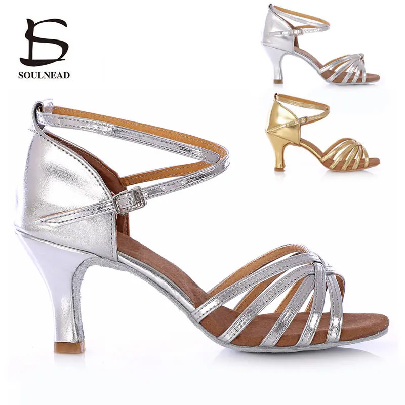 Chaussures de danse salsa de salsa pour femmes chaussures de danse de bal la latine argent or pU talons hauts 5 / 7cm chaussures de danse douce c