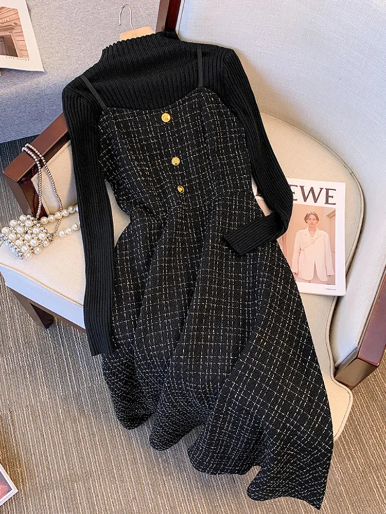 Autumn Winter Two Piece Sets For Womens Outfit Office Ladies Temperaament Korea Casual Knitted Sweatertweed Dresses Sets 4XL 240708