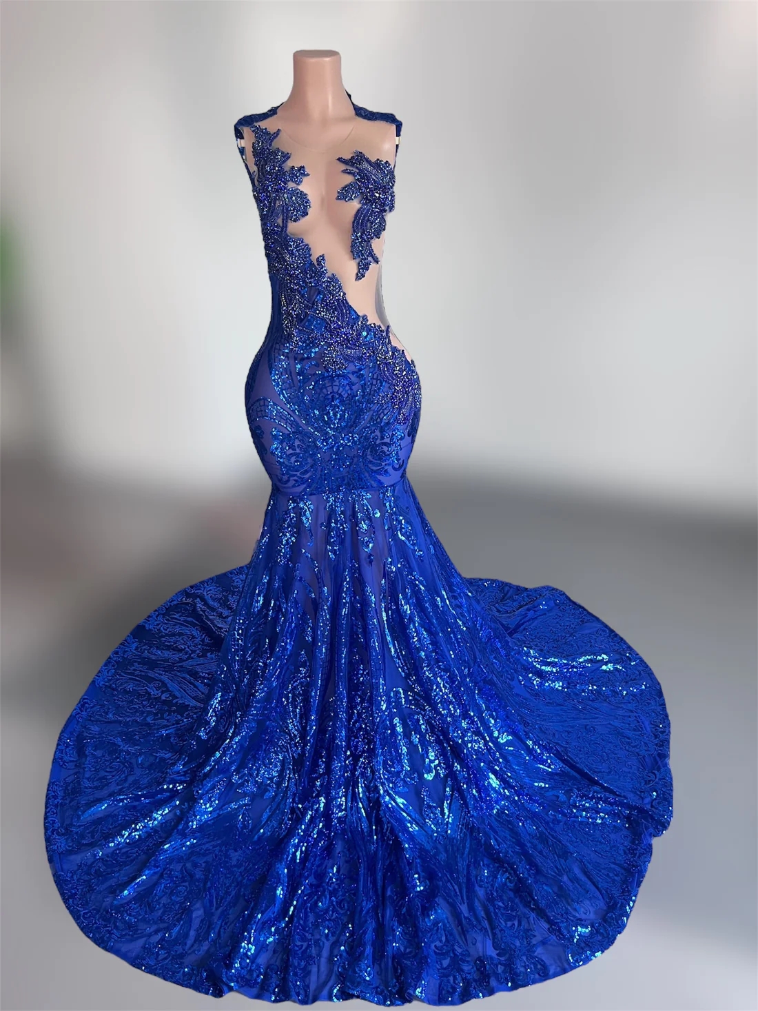 Sheer Royal Blue Femmes Longues Robes De Bal Pour Les Filles Noires Scintillant Sirène Diamant Robes De Bal Afro-Américaines Robes De Soirée De G