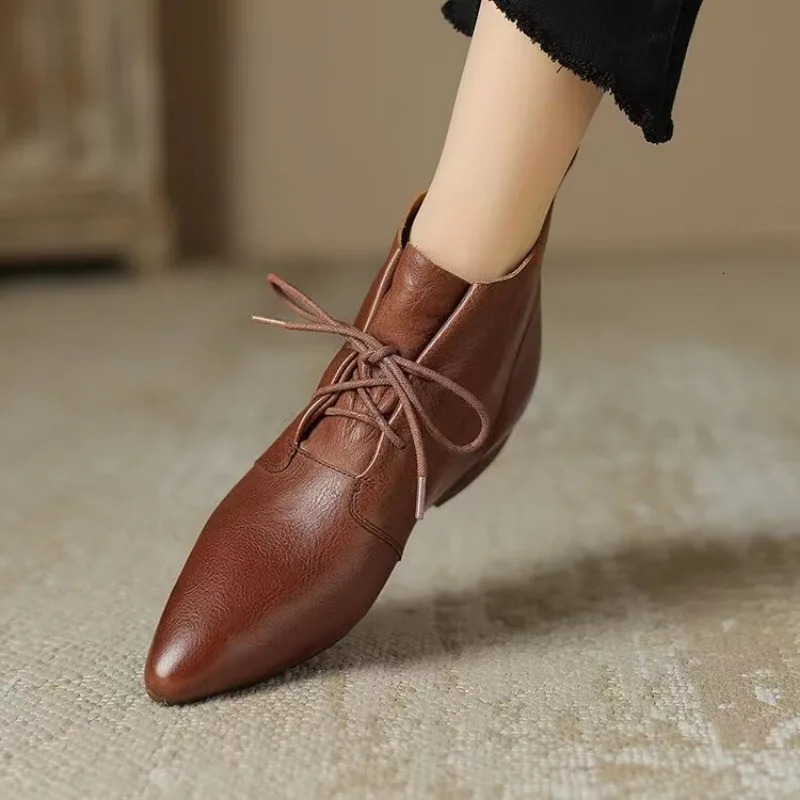 Womens ankle boots solid color winter dot tie flat shoes womens casual retro sewing sports shoes womens boots 240710