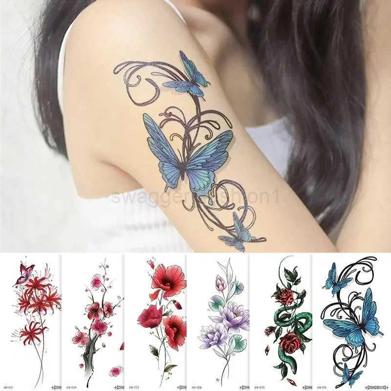Hotwife Fake Long-time Timchapel Tattoo Temporary Waterproof Stickers Sexy Girls Red Flower Body Art Ephemeral Tattoos for WomenB240712
