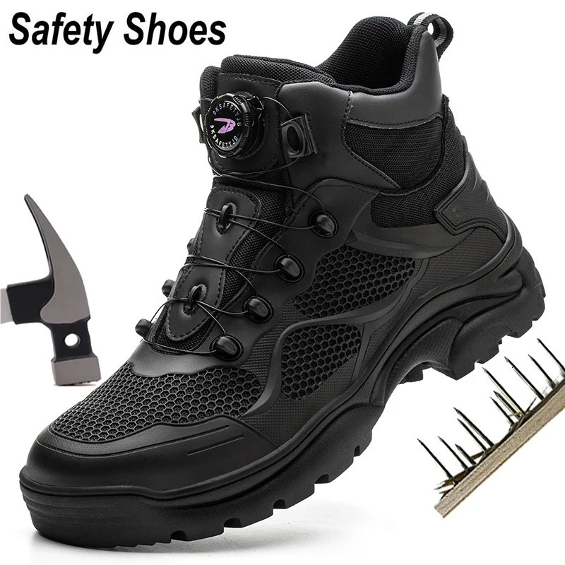 Chaussures de sécurité de la mode Men de travail bouton rotatif baskets antipuncture indestructibles en acier bottes protectrice 240702