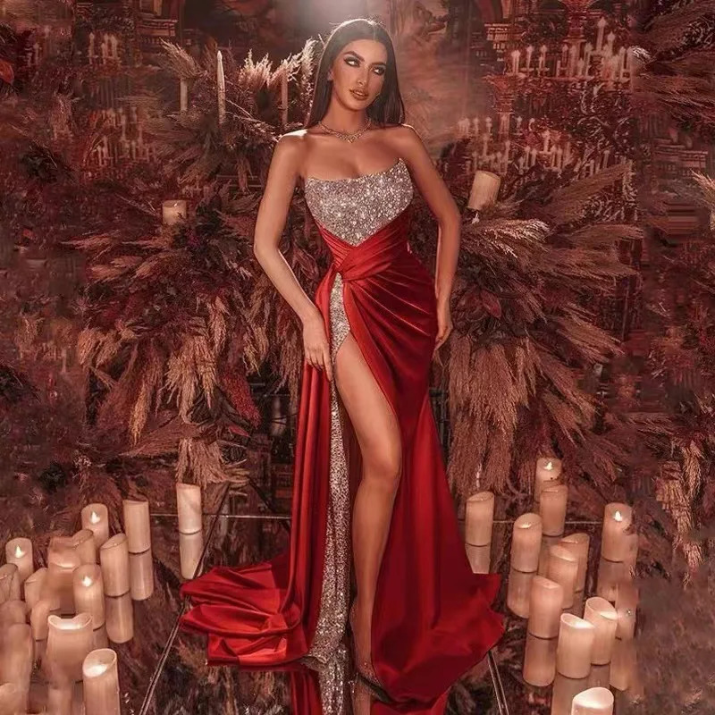 Womens Sequin Slit Oversized Long Sexy Off The Shoulder Strapless Large Hem Evening Dress 240701
