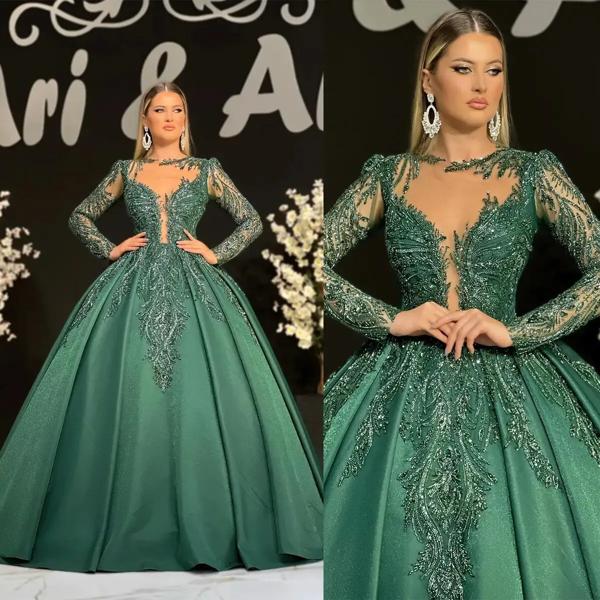 Hunter moderne Green Satin dentelle Une ligne Robes de bal 2024 Couper Long Sleeves plus taille Formelle Ocn pour fille noire Robe