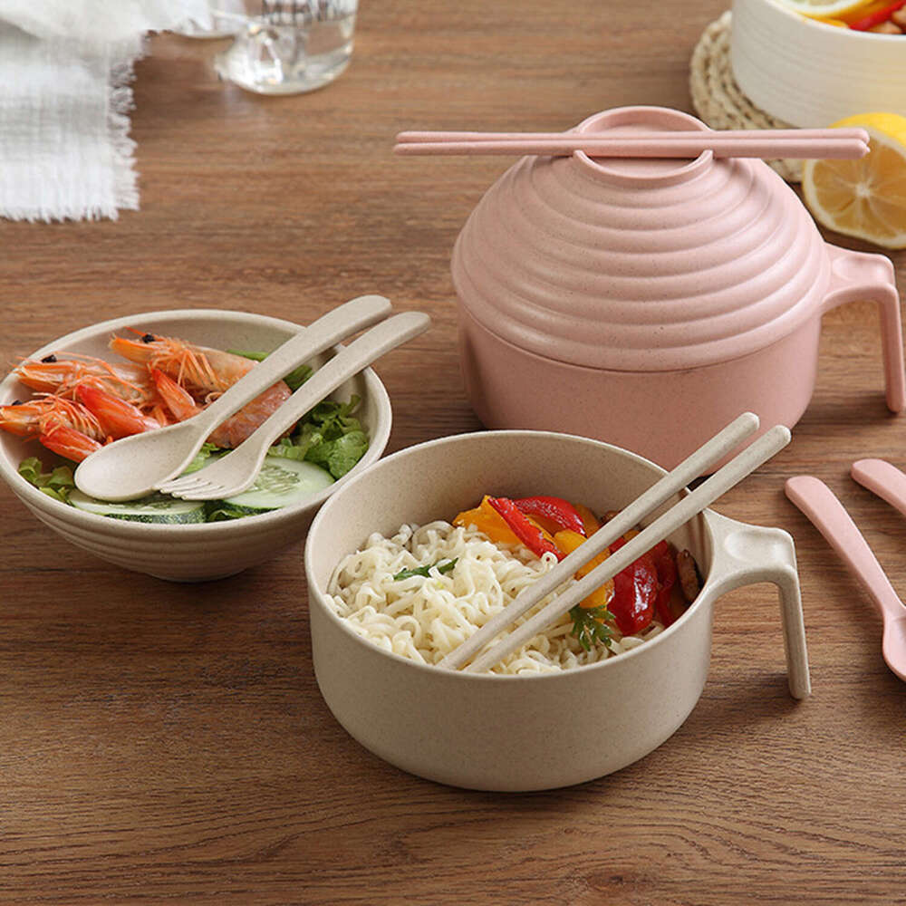 Household wheat straw with lid, student dormitory large Japanese instant noodle bowl chopsticks tableware set.-image-1001370560