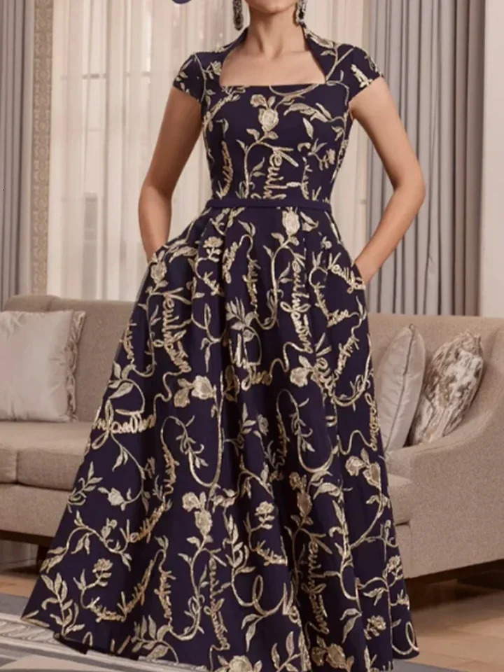 Les femmes florales vintage s'habillent plus taille aliné sans manches plissées élégant slim ajustement mi-longueur maxi soirée formelle 2024 240