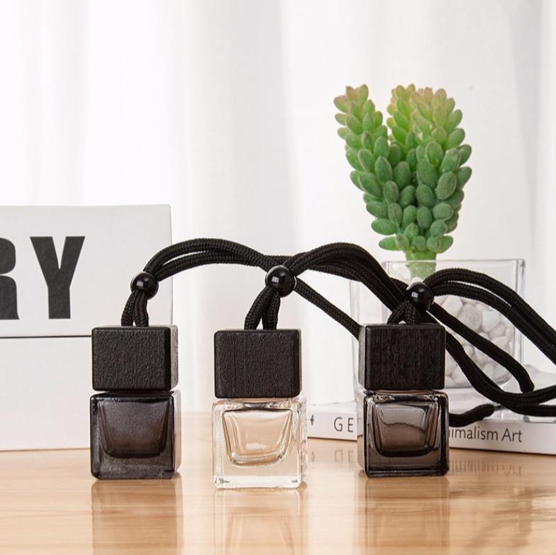 Square 8ml Black Wood Cap Empty Luxury Mini Classic Hanging Frosted Glass Air Freshener Essential Oil Perfume Car Diffuser Bottle Pendant ni54