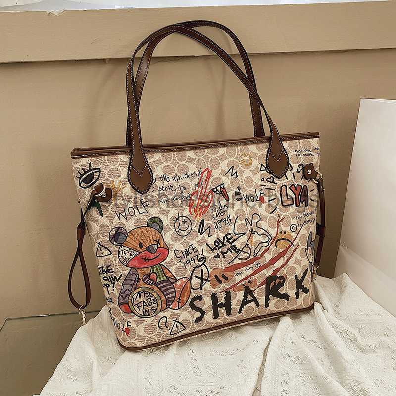 cherry bag Shoulder Bags Printed handbag womens teddy bear graffiti tote summer 2024 new versatile large capacity shoulder trend stylishdesignerb