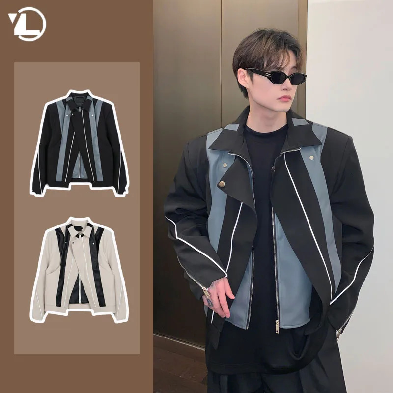 Korean Street Casual Mens Jacket Patchwork Leather High Street Motorcycle Coats Loose Shoulder Pads Zipper Lapel Outwear Y2K 240703