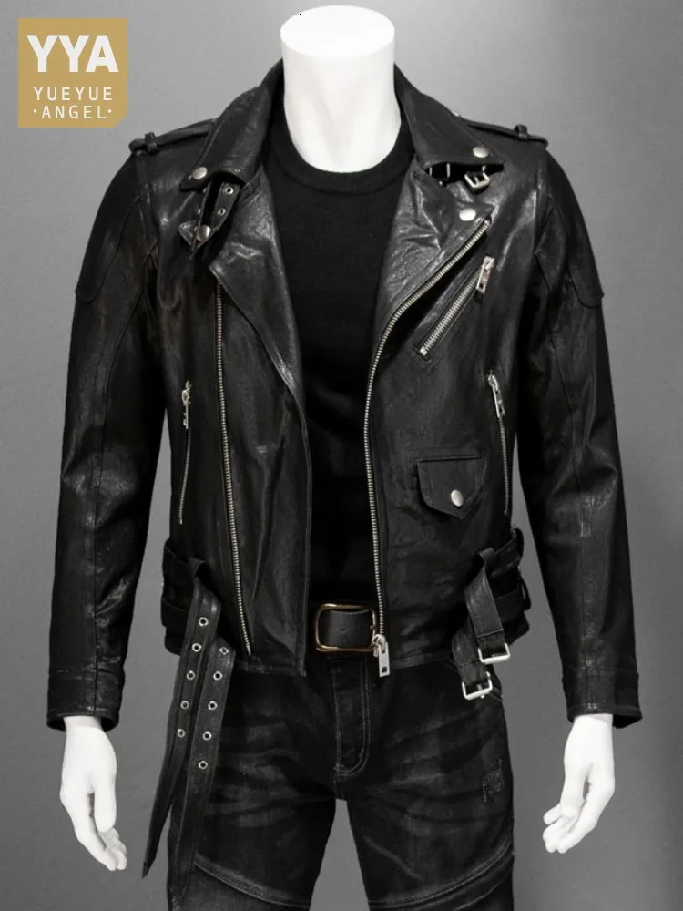 Street Punk Style Genuine Leather Jacket Men Turn-Down Collar Slim Black Short Coat Zipper Mens Sheepskin Motorcycle Jackets 240703