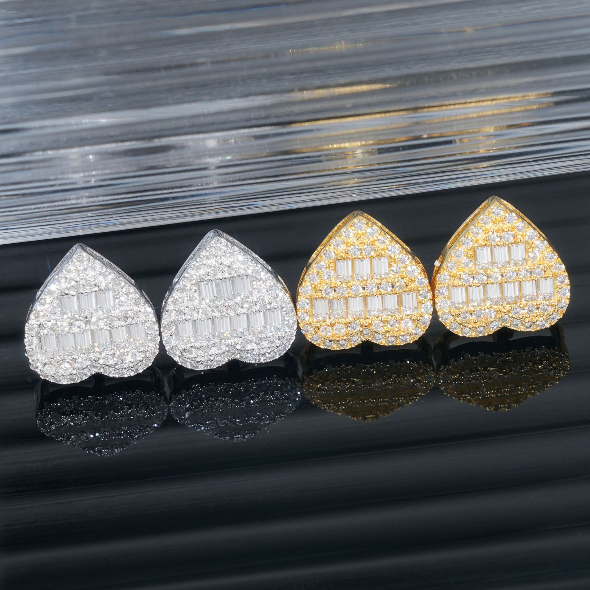 18K Yellow White Gold Plated 925 Sterling Silver VVS Baguette Moissanite Heart Earrings Studs Nice Gift for Men Women