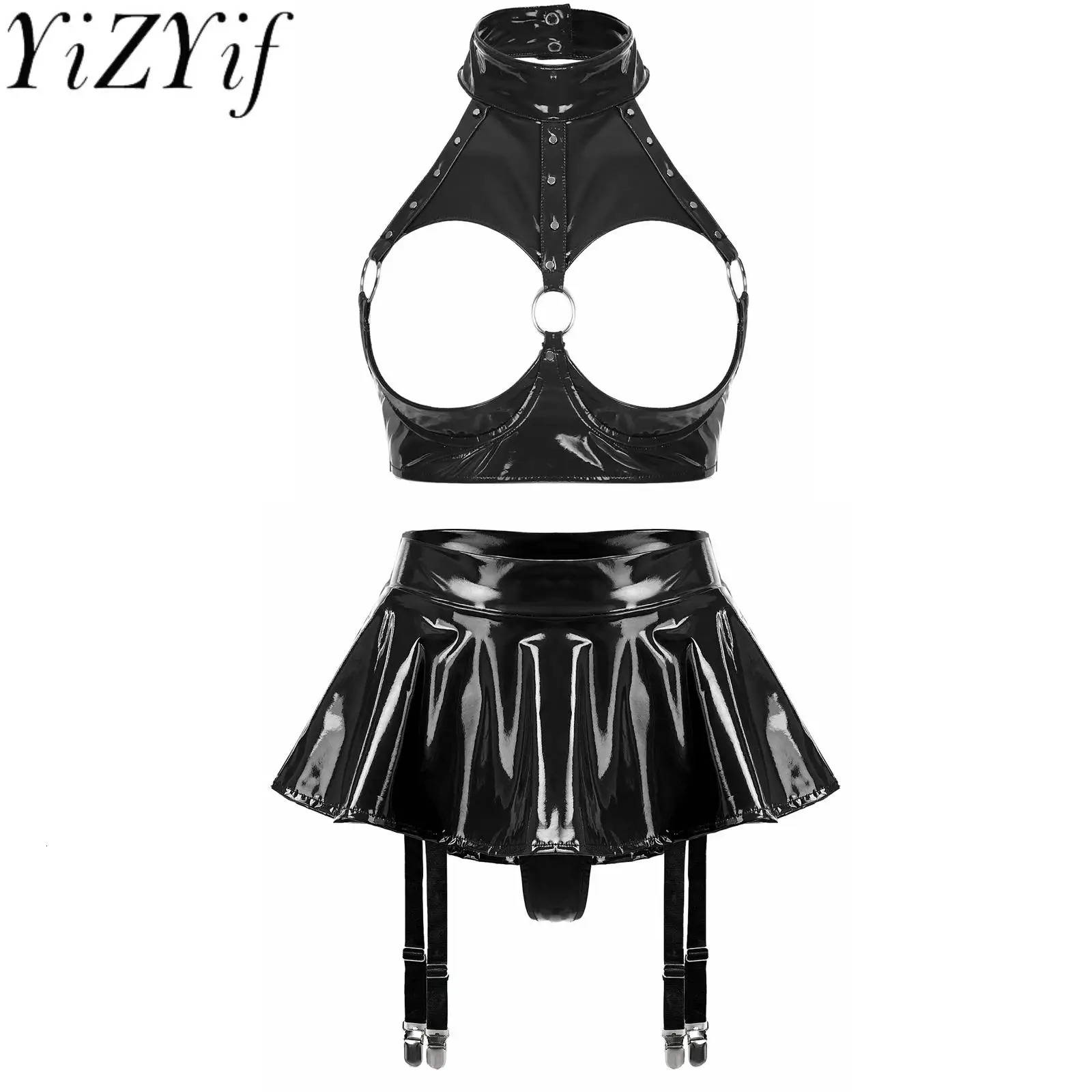 Porn lingerie set womens garter belt patent leather wireless open cup sexy bra top with pleated edges and built-in thong suspenders mini leather