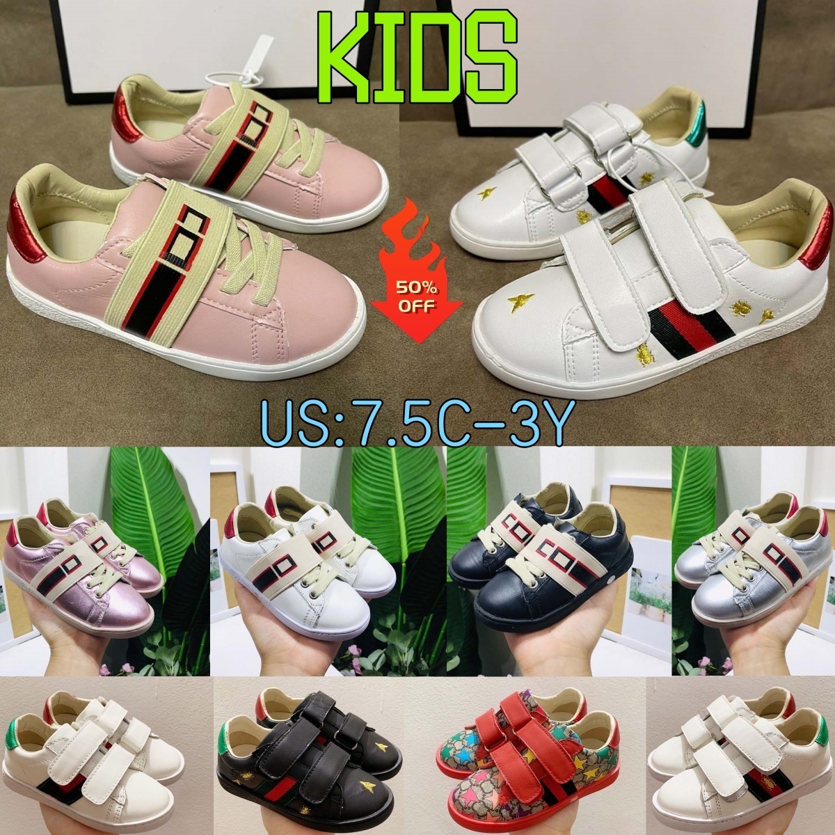 Girls star Shoes chirdren Italy Bee Casual shoe White Flat Leather Shoe Green Red Stripe Embroidered sport Snake size 26-35-image-844370126