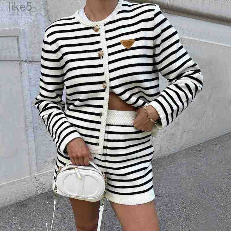 Women's Two Piece Pants Designer Brand New Striped Round Neck Knitted Cardigan, Fashionable Casual Sweater CQHD