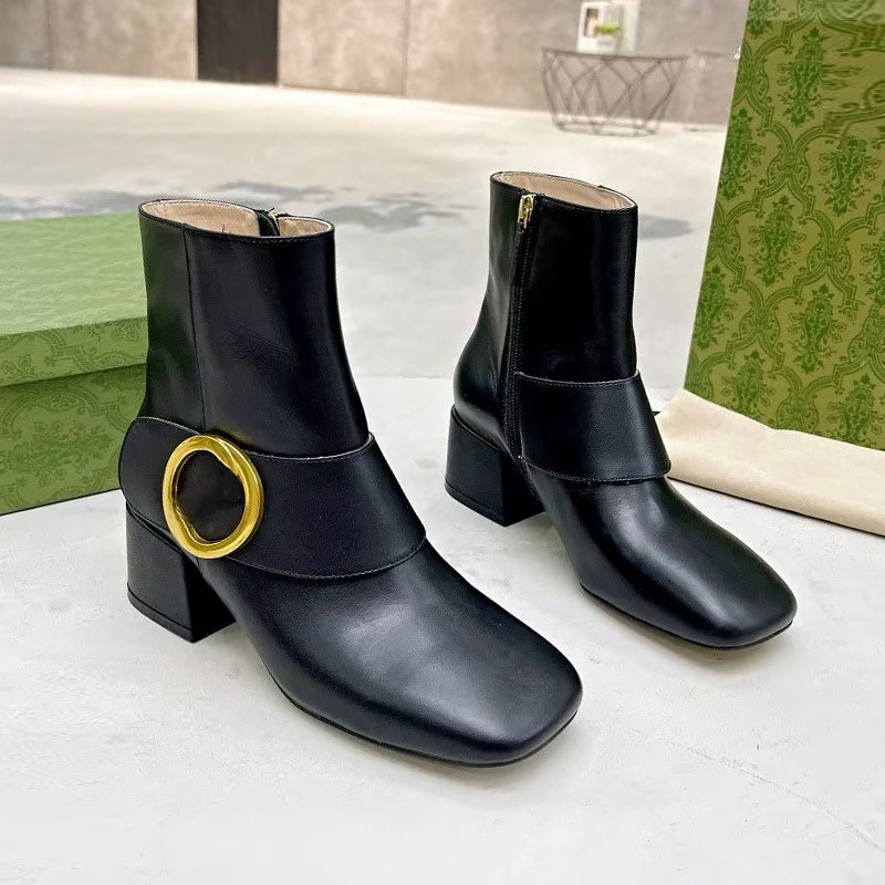 Designer leather Martin boots fashion spring and autumn short boots square toe metal decoration temperament British style women's bootss