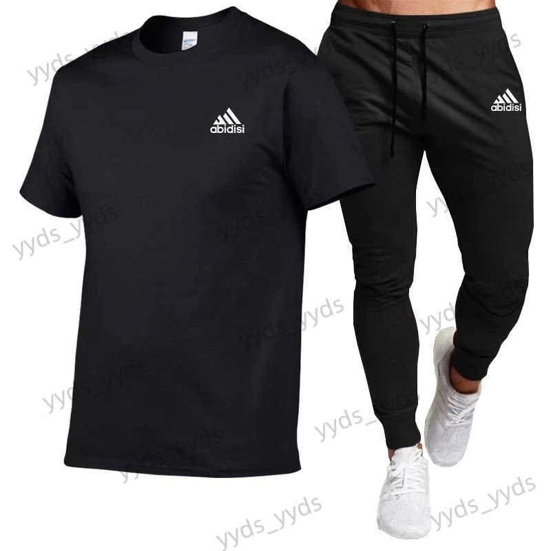 Men's Tracksuits 2024 Purchase Summer fashion comfort clothing Mens suit Cotton T-shirt short-sleeved top + black casual sweatpants 2-piece