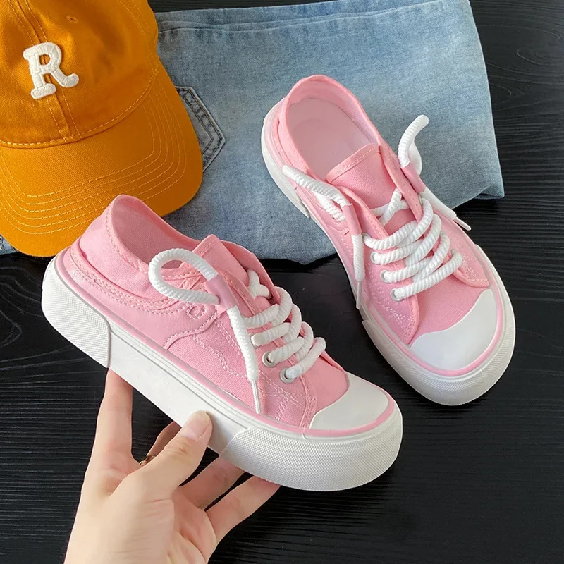 Gioio wide toe trendy thick canvas shoes womens white shoes Korean version with two pairs of shoes on the heels 240712