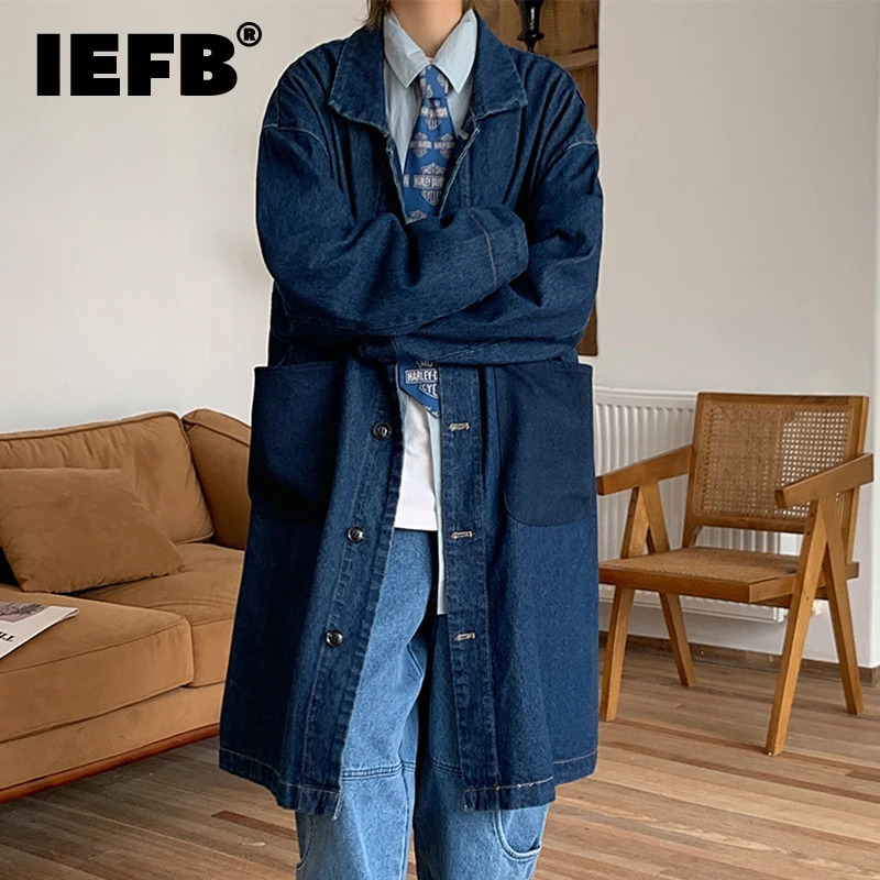 IEFB Mens Coat Autumn Loose Denim Windbreaker Fashion Harajuku Unisex Knee Long Trench High Street Korean Outerwear 28A3615 240712