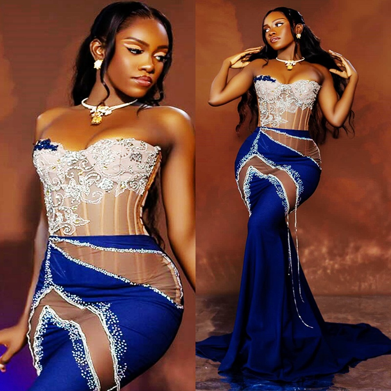 2024 Plus taille robes de bal bleu royal pour occasions spéciales Sirène promont des robes formelles du soir illusion appliquée en dentelle perlé