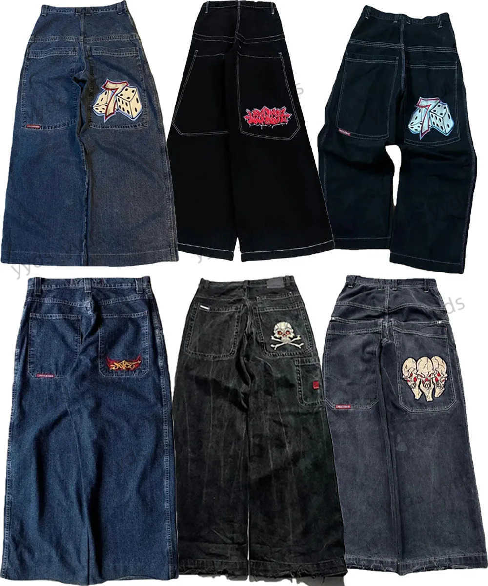 Men's Jeans 2024 Ins Jeans Y2K Harajuku Retro Skull Embroidered Loose fit Jeans Black Pants Mens and Womens Gothic High Waist Pants T240713