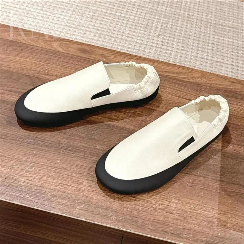 Spring and summer round toe casual apartment womens fashionable compact leather sliding casual single shoes white shoes 2024 240712