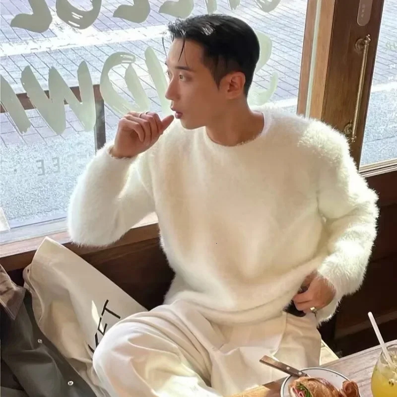 HOUZHOU Mohair Sweaters Men Korean Thicken Warm Knitting Autumn Winter Loose Casual Long Sleeve Pullovers Fleece Streetwear 240710