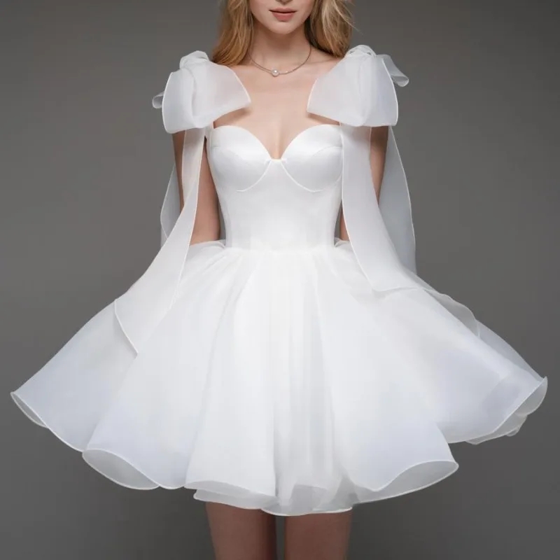 New Short Wedding Dresses Solid Bow Straps Sweetheart Organza A-Line Bridal Gowns Beach Bride Dress Vestidos De Novia Custom Made