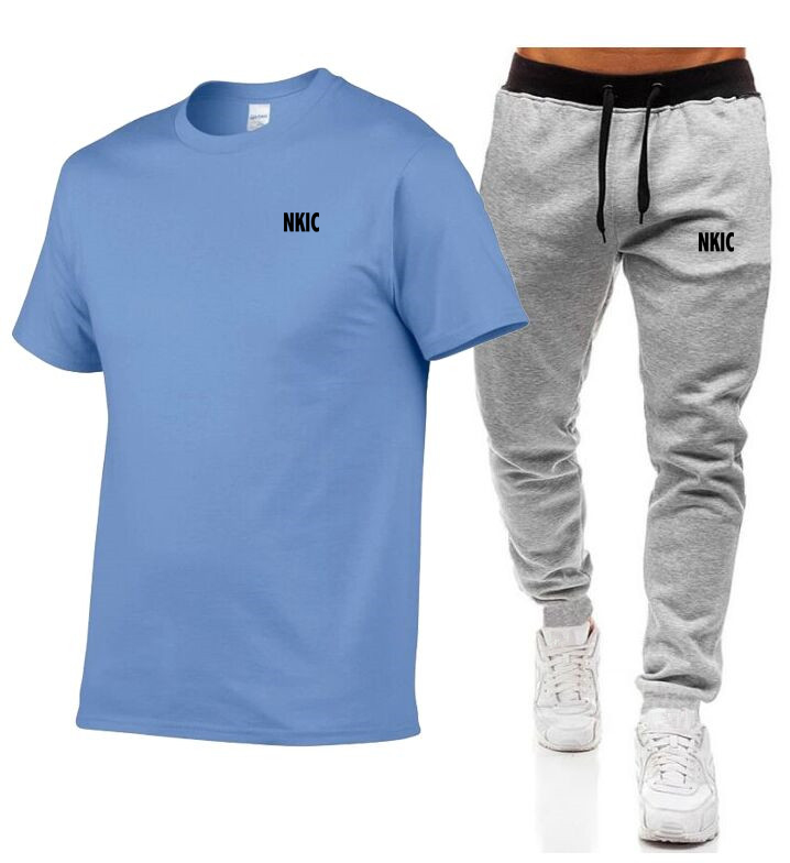 Summer 100% Cotton Blue T-Shirt Pants Set For Man Casual Fitness Jogger 2 Piece Suits Short Sleeved Men's Brand Tracksuit Plus Size S-2XL