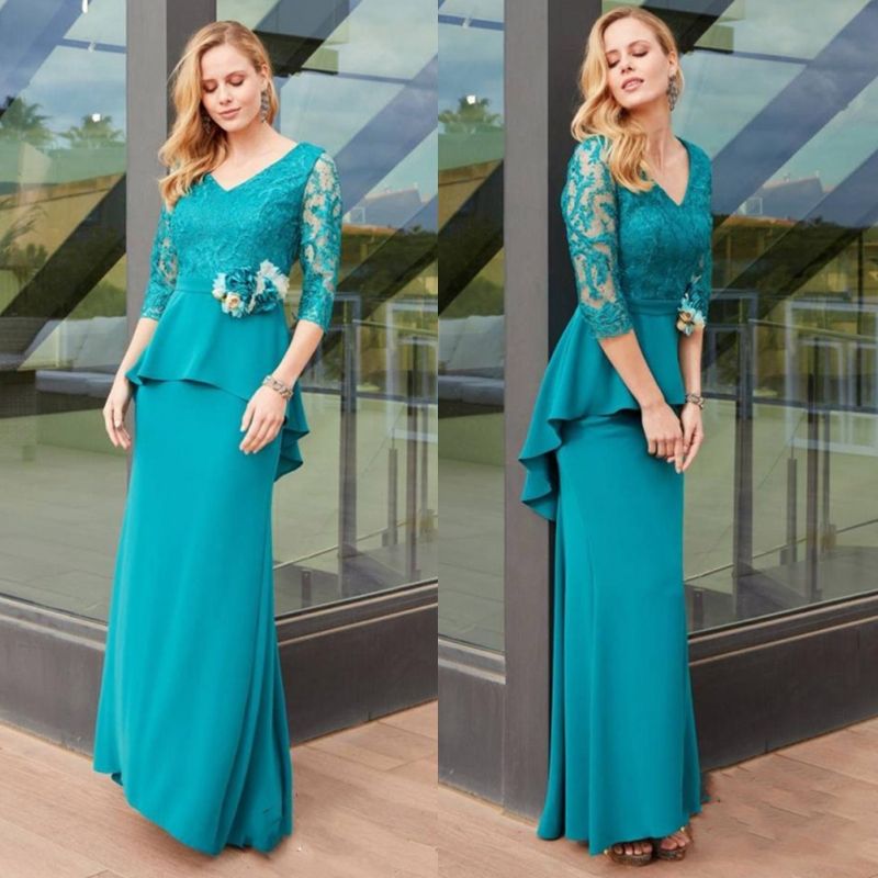 Élégante mère de la mariée robes en dentelle manche longue satin de mariage simple robes de fête d'invité avec fleurs sash marié maman pro vuste