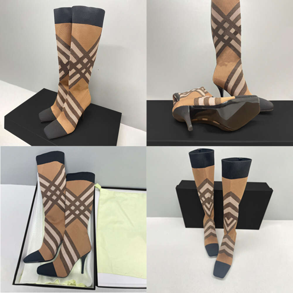 Hign Quality Women Check Sock Boots Vintage Over The Knee Boot Fall Winter Designer Pointed 10.5cm Heel With Box 617