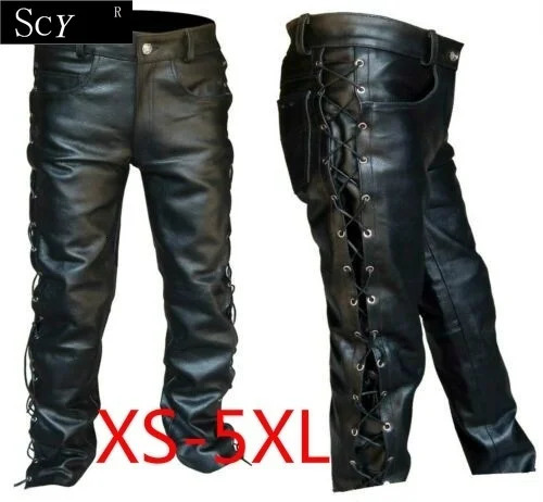 Hommes en cuir épais noir lacets de jeans de style pantalon long pantalon pantalon en cuir pantalon de moto en cuir 240712
