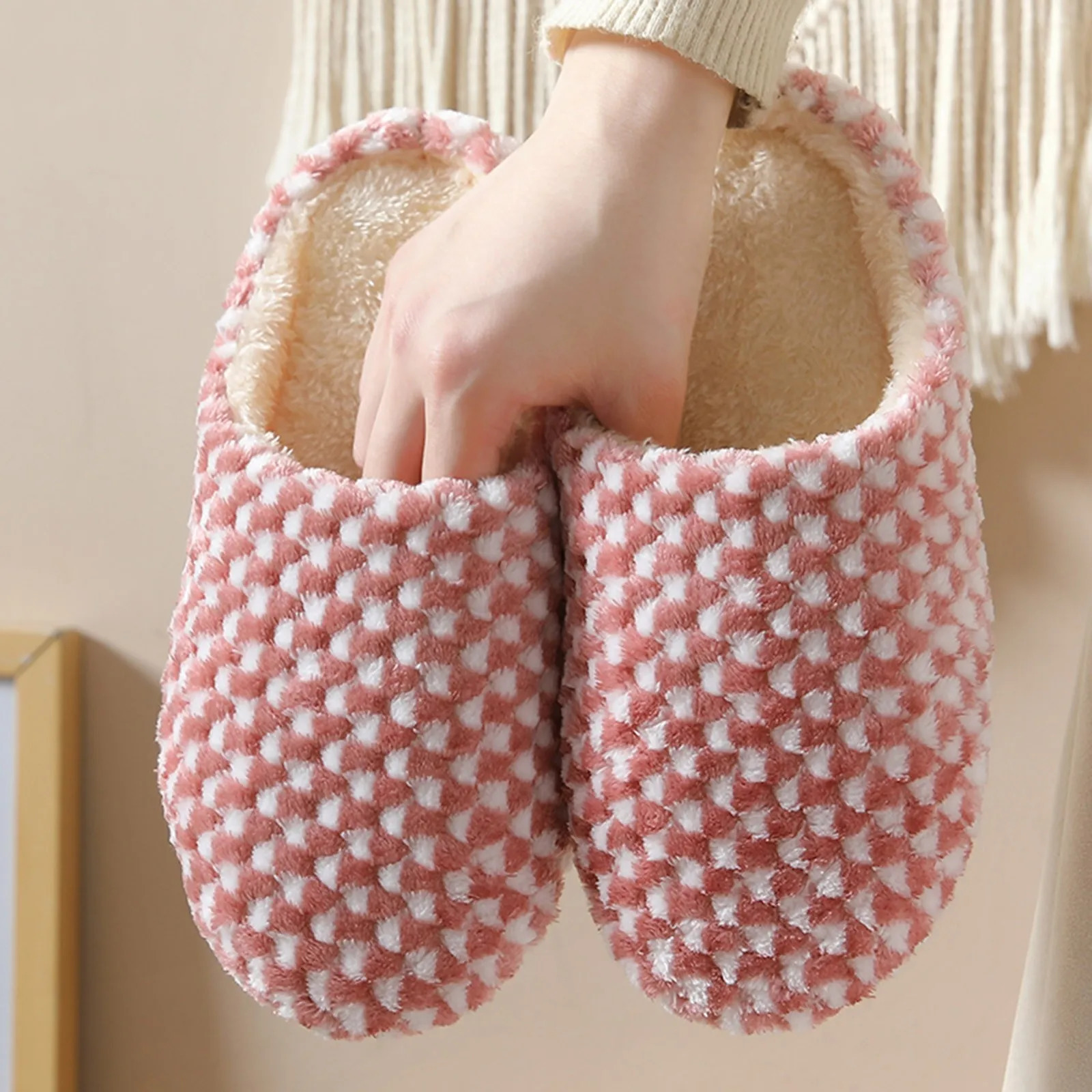 Fashion Couple Winter Toe Wrap Warm Plaid Cotton Slippers Thick Soft Sole Slides Men Women Indoor Floor Flat Home Non-Slip Shoes 240713