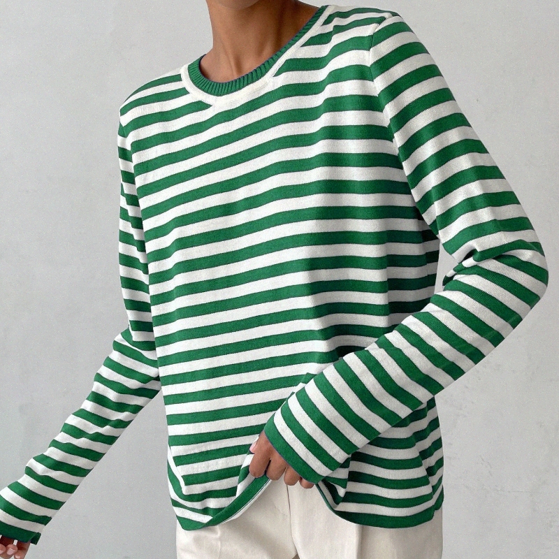 Pull rayé tricoté à col rond Europe et États-Unis 2024 printemps cent avec le pull rayé rétro classique pour femme D3DE #