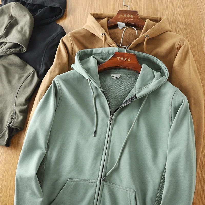 Autumn American Retro Long Sleeve Hooded Cardigan Hoodies Mens Fashion 100% Cotton Washed Loose Casual Sports Sweatshirts 240627