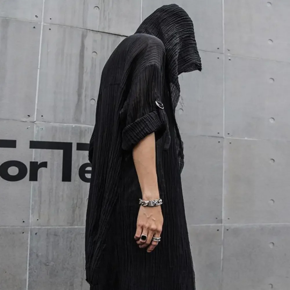 Nightclub DJ Hooded Cardigan Punk Rock Hip Hop Long Shirt Black Hooded Cloak Men Oversize Blouse Gothic Vintage Streetwear 240715