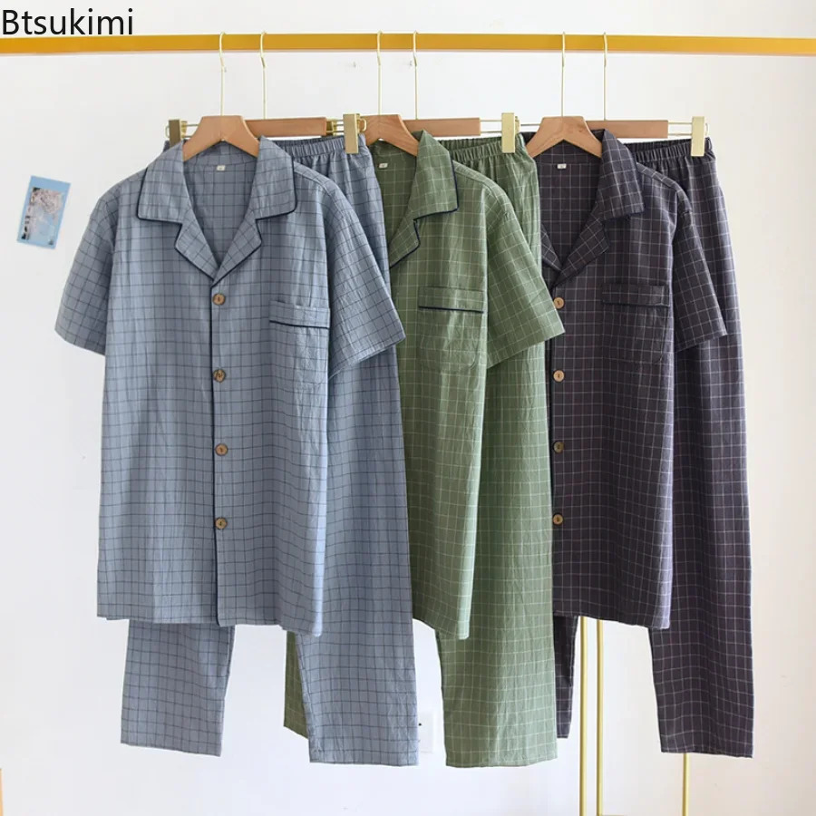 Spring Summer Mens Pajamas Short Sleeved Top and Pants Washed Cotton Simple Plaid Home Service Suit Pantalon Pijama Hombre 240713
