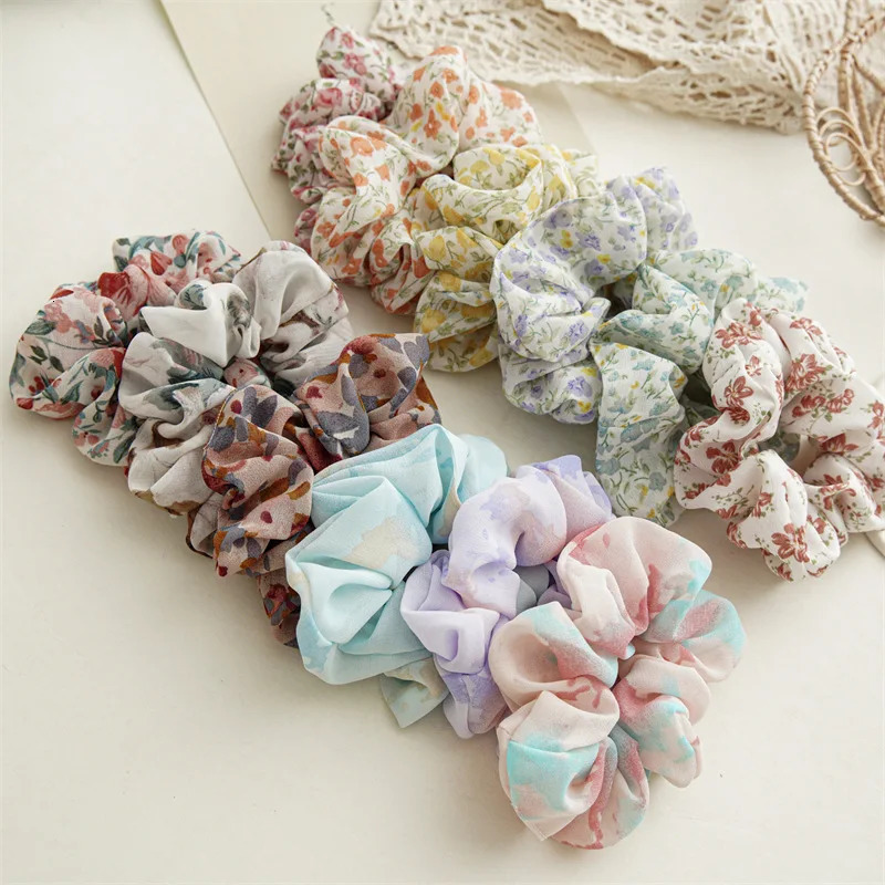 24pcs Boho Floral Print Korea Fashion Cute Chiffon Hair Scrunchies Elastic Hair Bands Ties Rope Bands Ponytail Bands Women Girls 240709