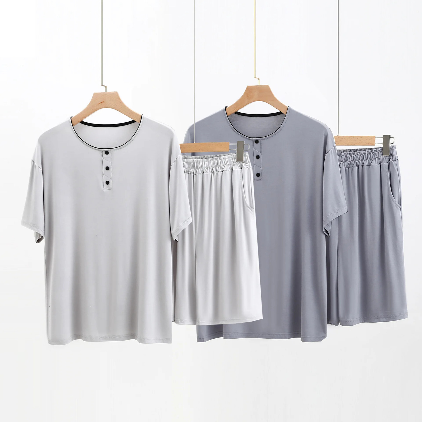 Short Sleeve Button Up Solid Color Round Neck Modal Sleep Tops with Shorts 2 Pcs Suit for Mens Pyjama Sleepwear Set 240713