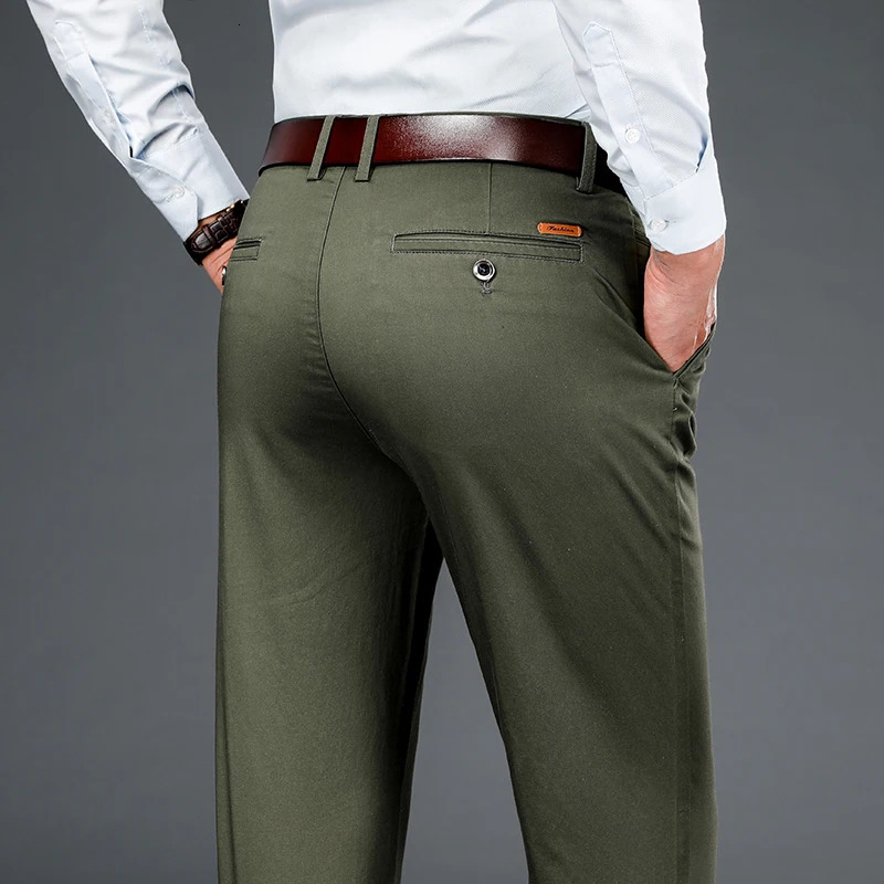 Spring Autumn Fitted Straight Cotton Stretch Pants Classic Business Smart Casual Youth Mens Office Pure Color Fit Trousers 240713